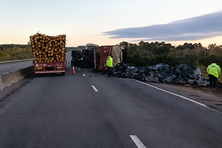 Un camión volcó en la Autovía 14 y desparramó bolsas de carbón en toda la ruta - imagen de origen