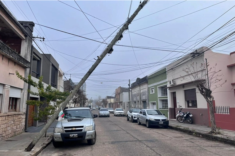 Dos postes de madera quedaron inclinados sobre calle Alem y arrastraron cables de distintos servicios - imagen de origen