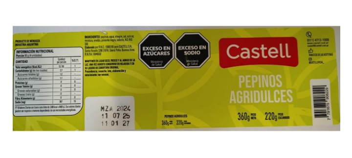 Alerta bromatológica en Concordia: piden no consumir ni comercializar lotes específicos de pepinos agridulces marca Castell - 7PAGINAS - imagen de origen