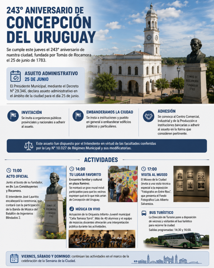 Concepción del Uruguay celebra su 243° aniversario con actos y actividades culturales - imagen de origen