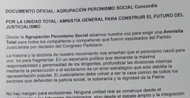 El Peronismo de Concordia pidió una amnistía general para expulsados del PJ y reclamó la unidad del justicialismo - imagen de origen