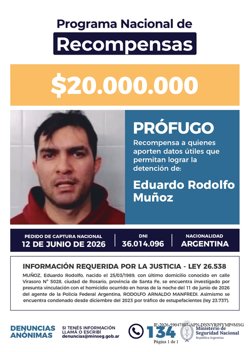 Ofrecen $20 millones de recompensa para capturar al acusado de matar a un policía federal Buscan a un prófugo por el crimen de un agente en Rosario y ofrecen una recom - imagen de origen