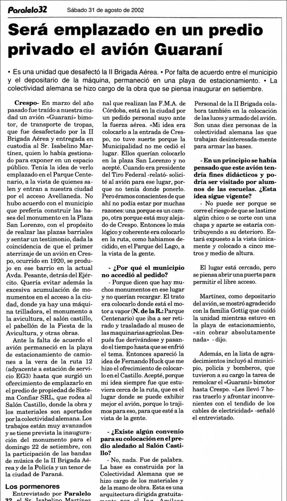 Será emplazado en un predio privado el avión Guaraní - imagen de origen